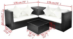 4 pcs conjunto lounge de jardim c/ almofadões vime PE preto