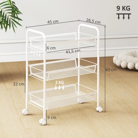 Carrinho de 3 níveis com cestos de cozinha com Rodas  45 x 26,5 x 63 cm, carrinho de arrumação com Rodas,, branco