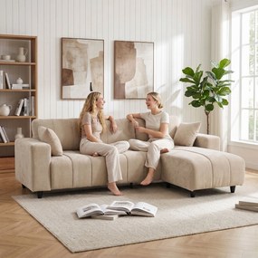 Sofá Chaise Longue Reversível de 3 Lugares com 2 Almofadas Tecido Efeito Linho Estrutura em Aço 242x156x87 cm Bege