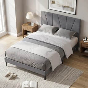 Estrutura de cama 140 x 200 cm (COLCHÃO NÃO INCLUIDO) com plataforma estofada, cabeceira geométrica ajustável em altura e ripas de madeira cinza