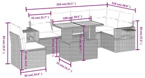 7 pcs conjunto sofás p/ jardim c/ almofadões vime PE cinzento