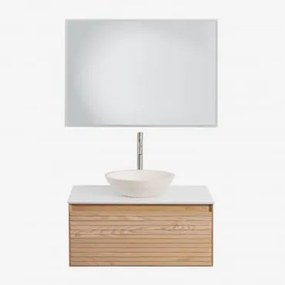 Conjunto De Móveis De Banheiro Em Madeira Tedrik Ash Castanho Fresno & Cimento Redondo Branco Ø40 Cm Zavion & Led Retangular - Sklum