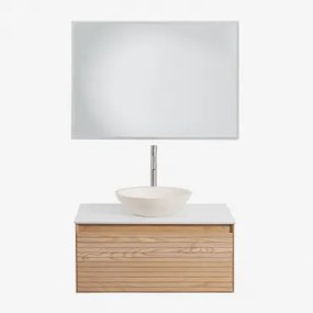 Conjunto De Móvel De Casa De Banho Suspenso Em Madeira De Freixo Tedrik Castanho Fresno & Cimento Redondo Branco Ø40 Cm Zavion & Led - Sklum