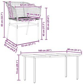 Conjunto jantar jardim 7 peças vidro vime PE castanho
