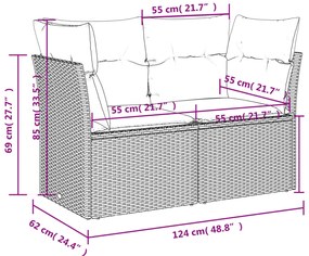9 pcs conjunto sofás p/ jardim com almofadões vime PE cinzento