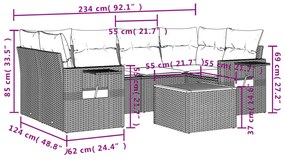 7 pcs conjunto sofás p/ jardim c/ almofadões vime PE cinzento