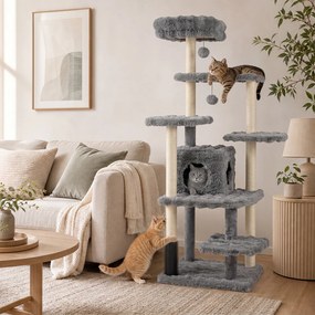 Arranhador para Gatos com Vários Níveis, 86 x 82 x 170 cm, Postes de Sisal, Cinzento
