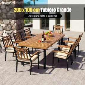 Mesa de jantar para jardim para 8 pessoas com orifício para guarda-sol e pernas de metal 200 x 100 x 75 cm Natural