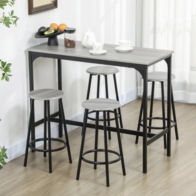 Conjunto de Móveis Altos de Bar com 5 Peças Mesa de Refeição Industrial e 4 Bancos Redondos Cinzento e Preto