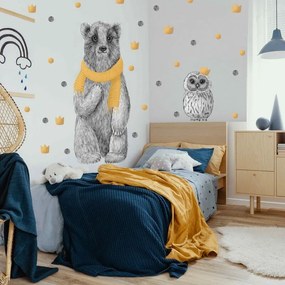Grande urso autocolante em preto e branco com acessórios dourados e coruja