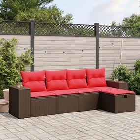 vidaXL 5 pcs conjunto sofás p/ jardim c/ almofadões vime PE castanho