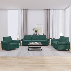 3 pcs conjunto de sofás com almofadões veludo verde-escuro