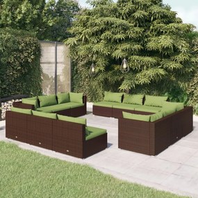 vidaXL 12 pcs conjunto lounge jardim c/ almofadões vime PE castanho