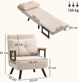Poltrona Convertível em Cama Poltrona 3 em 1 Convertível em Cama com Encosto Ajustável em 5 Níveis 63x73x81 cm Bege