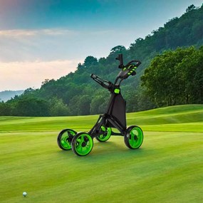 Carrinho de golfe dobrável, leve e de 4 rodas, com saco impermeável e travão de pé, suporte ajustável para guarda-chuva e copo - verde