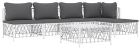 6 pcs conjunto lounge de jardim com almofadões aço branco