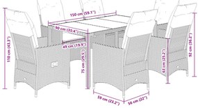 7 pcs conjunto de jantar p/ jardim c/ almofadões vime PE preto