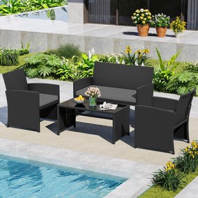 Conjunto de jardim em rattan com 4 peças: sofás de 2 lugares, mesa de vidro temperado e almofadas para exterior, varanda ou piscina, Preto+cinzento