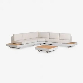 Conjunto De Sala De Estar Com Sofá De Canto De 5 Lugares E Mesa De Centro Em Alumínio E Madeira De Teca Yarilo Bouclé Cores Naturais - Sklum