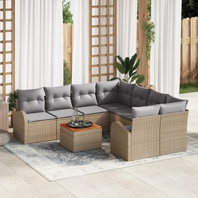 Conjunto de Sofás de Jardim 9 Peças com Almofadas Bege Rattan Poliéste