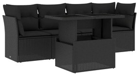 5 pcs conjunto sofás de jardim com almofadões vime PE preto