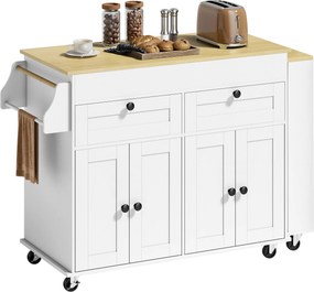 Ilha central de cozinha com tampo extensível, carrinho de cozinha com Rodas, 2 gavetas e 4 portas, branco