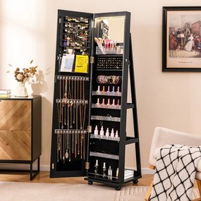 Armário para joias com fechadura 40 x 38 x 164 cm com Espelho de maquilhagem LED com 3 cores Prateleiras ajustáveis e rodas universais Preto