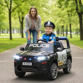 Carro Elétrico para Crianças de Polícia 12V com Motor Duplo Suspensão em 4 Rodas Sirene Faróis LED Porta USB Bluetooth e Música Preto