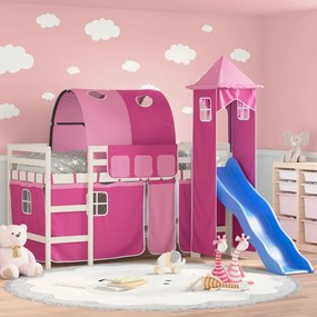 vidaXL Cama alta para criança com torre 90x200 cm pinho maciço rosa