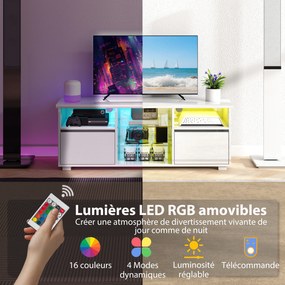 Móvel de TV 120 x 34 x 45 cm, móvel para televisores até 55 polegadas, com iluminação LED e comando à distância, prateleiras em vidro branco