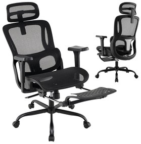 Cadeira ergonómica para computador com apoio para os pés retrátil, apoio lombar ajustável e apoios para os braços, cor preta