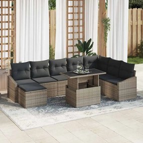 vidaXL Conjunto de Sofá de Jardim 9 Peças com Almofadas Cinza em Rattan Sintético