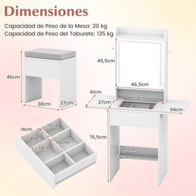Toucador com espelho e luzes Penteadeira compacta para maquilhagem com tampa de vidro visível Tomadas Painéis dobráveis 3 modos Branco
