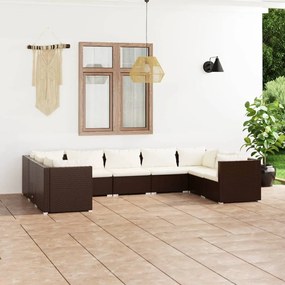 vidaXL 9 pcs conjunto lounge jardim c/ almofadões vime PE castanho