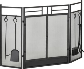 Conjunto de Proteção para Lareira com Utensílios, 122 x 1,6 x 80 cm, 3 Painéis Dobráveis com Porta, Preto