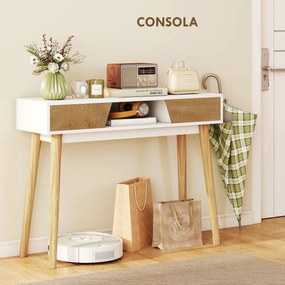 Mesa de Consola Estreita Consola de Entrada Moderna com 2 Gavetas Compartimento e Pés de Madeira 100x30x75 cm Branco