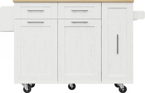Ilha de cozinha com tampo de mesa rebatível, carrinho de serviço com prateleiras para petiscos e armários extensíveis, 134,5x46/74x90,5 cm, Branco