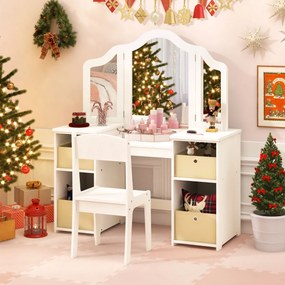 Conjunto de 2 em 1 Toucador e Cadeira de Maquilhagem 104 x 40 x 117 cm para Crianças 3+ Anos com 3 Espelhos Amovíveis 4 caixas armazemento Branco