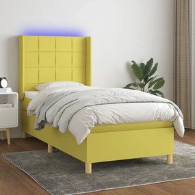 Cama box spring c/ colchão e LED 100x200 cm tecido verde