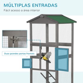 Gaiola para Pássaros Grande 68x63x165 cm Gaiola de Madeira de Abeto com 2 Portas Bandeja Amovível e Teto Asfáltico Cinza