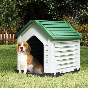 Canil de plástico resistente às intempéries com porta com fechadura, 3 janelas e telhado inclinado para cães e gatos pequenos, cinza