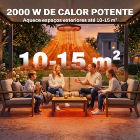 Aquecedor Elétrico Suspenso para Exterior 1000/2000 W com Luz LED IP65 Controlo Tátil/Comando Preto
