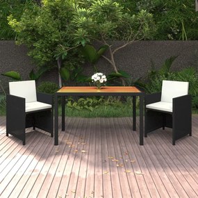 vidaXL 3 pcs conjunto jantar p/ jardim c/ almofadões vime PE preto