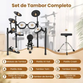 Conjunto de bateria elétrica Kit de bateria dobrável com almofadas de malha de 21 cm Pratos de 245 cm 225 sons e 30 demos Preto