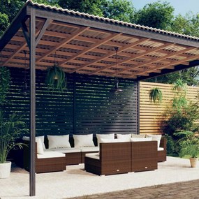 vidaXL 9 pcs conjunto lounge jardim c/ almofadões vime PE castanho