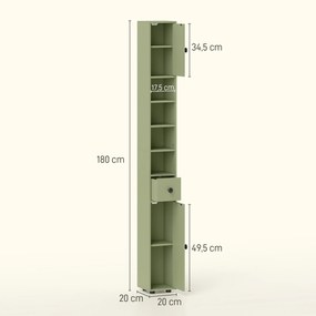 Coluna de arrumação alta para casa de banho 20 x 20 x 180 cm, com 1 gaveta, 4 prateleiras ajustáveis e 2 armários, verde