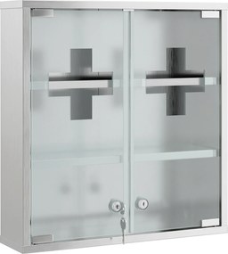 Armário de Medicamentos de Parede com Fechadura Portas de Vidro Prateleiras e 2 Chaves para Casa de Banho e Cozinha 46x12x48 cm Prateado