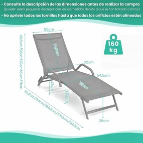 Conjunto de 2 espreguiçadeiras de exterior, poltronas reclináveis com 5 posições de ajuste e assento respirável, para pátio, jardim e piscina, cinza