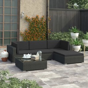 5 pcs conjunto lounge de jardim c/ almofadões vime PE preto