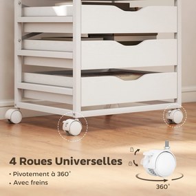 Bloco gavetas escritório 50 x 40 x 74,5 cm, móvel de arrumação em madeira com rodas e 5 gavetas, puxadores entalhados, branco